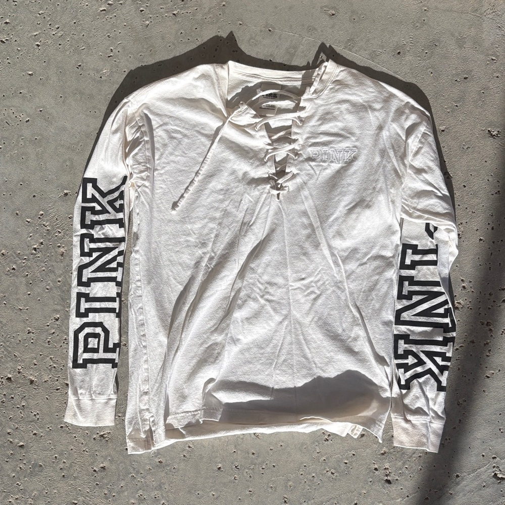 PINK Tied Long Sleeve Shirt with Black Lettering